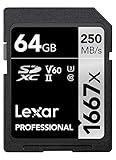 Lexar Professional 1667x Tarjeta SD 64GB, SDXC UHS-II Tarjeta de memoria, Hasta 250 MB/s de Lectura, Clase 10, U3, V60, SD para fotógrafo profesional, camarógrafo, entusiasta (LSD64GCB1667)