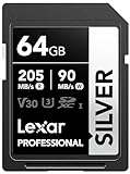 Lexar Tarjeta SD 64 GB Silver, hasta 205 MB/s de Lectura, Tarjeta de Memoria SDXC UHS-I, Clase 10, U3, V30, SD Card para Fotógrafos Profesionales, Videógrafos y Entusiastas