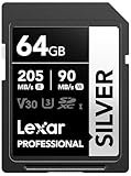 Lexar Tarjeta SD 64 GB Silver, hasta 205 MB/s de Lectura, Tarjeta de Memoria SDXC UHS-I, Clase 10, U3, V30, SD Card para Fotógrafos Profesionales, Videógrafos y Entusiastas