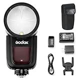 Godox V1-S Flash de cámara de cabeza redonda, TTL 1/8000 HSS Speedlight, integrado sistema X inalámbrico de 2,4 G en la cámara para cámaras Sony con batería de litio de 2600 mAh