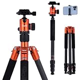 Trípode Camara Rollei C5i Naranja, 156cm Tripode Fibra de Carbono Camera Tripod de Viaje Portátil y Ligero con Cabezal Esférico de 360° Trípode y Monopie Compacto para Cámaras DSLR y Smartphone