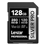 Lexar SILVER PRO Tarjeta SD de 128GB, tarjeta de memoria SD UHS-II, V60, U3, C10, lectura de hasta 280MB/s, escritura de 120MB/s, tarjeta SDXC para DSLR/cámara/fotógrafo/videógrafo (LSDSIPR128G-BNNAA)