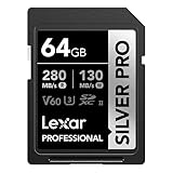 Lexar SILVER PRO Tarjeta SD de 64GB, tarjeta de memoria SD UHS-II, V60, U3, C10, lectura de hasta 280MB/s, escritura de 130MB/s, tarjeta SDXC para DSLR/cámara/fotógrafo/videógrafo(LSDSIPR064G-BNNAA)