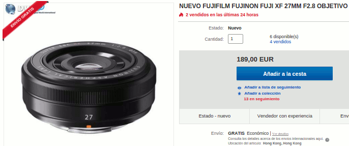 Fujinon XF 27mm f/2.8 en tienda china de eBay.